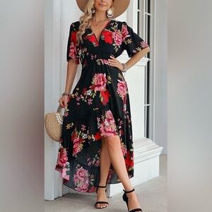 KorMei high low black floral wrap dress. Size L